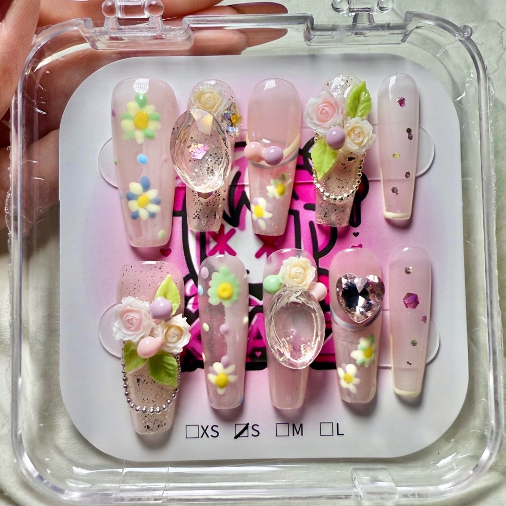 KLAWZ 10 PCS handmade press on nails pink coffin/ballerina shaped reusable